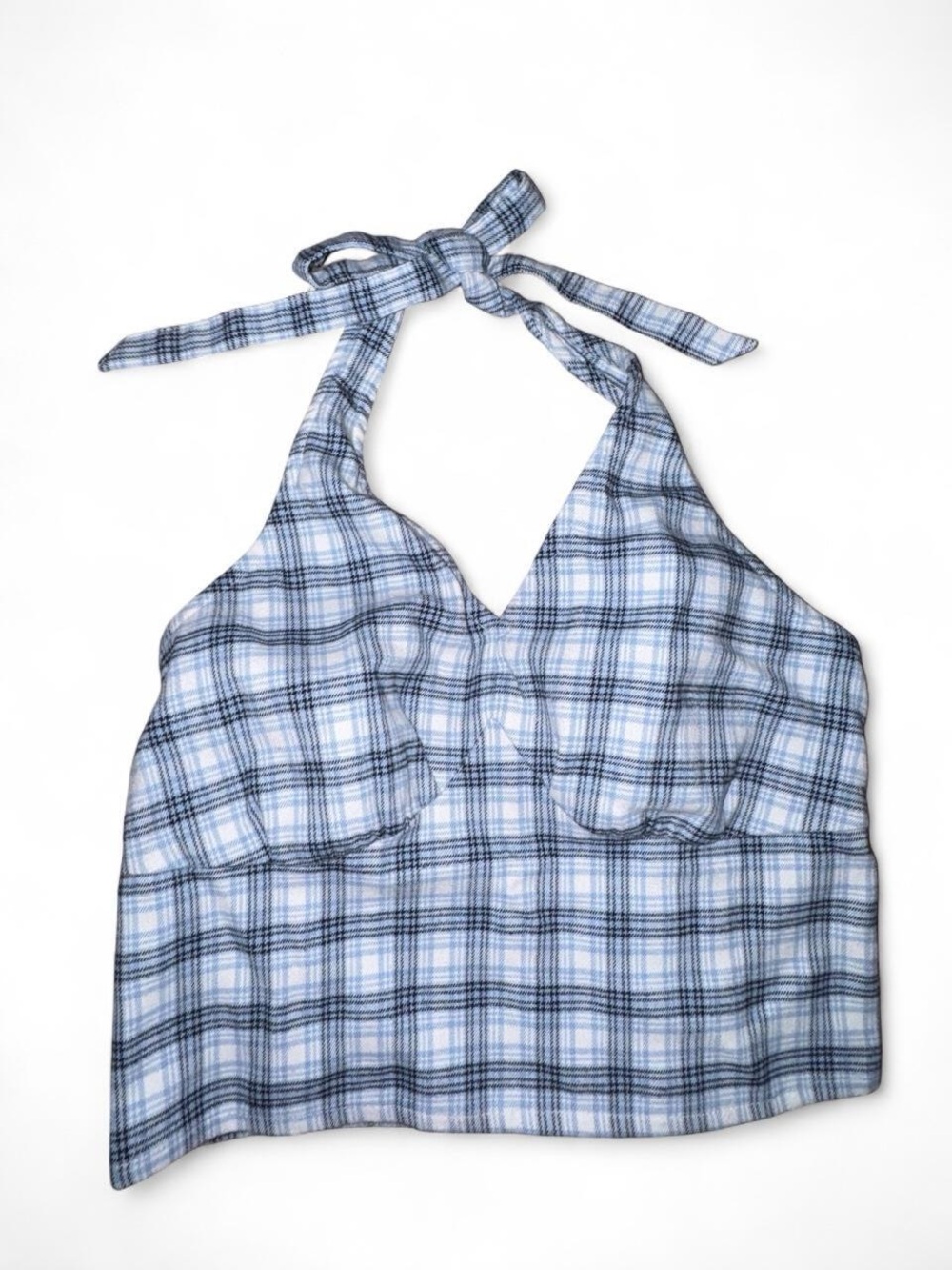 Hollister Light Blue & Navy Plaid Halter Crop Top